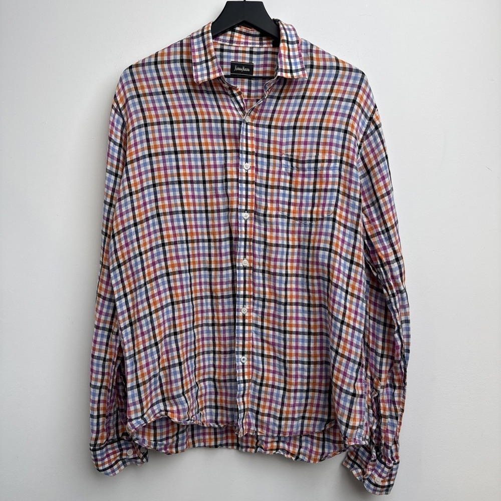 Neiman Marcus Linen Button Up Shirt Mens L Orange Multi Plaid Long Sleeve Casual